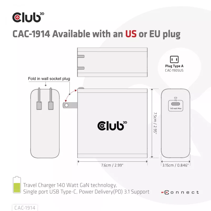 CLUB3D Ceļojumu lādētājs 140 W GaN tehnoloģija, viens USB Type-C ports, Power Delivery (PD) 3.1 atbalsts