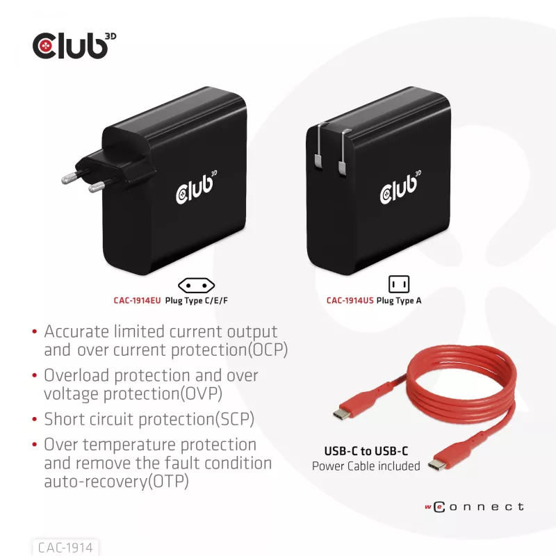 CLUB3D Ceļojumu lādētājs 140 W GaN tehnoloģija, viens USB Type-C ports, Power Delivery (PD) 3.1 atbalsts