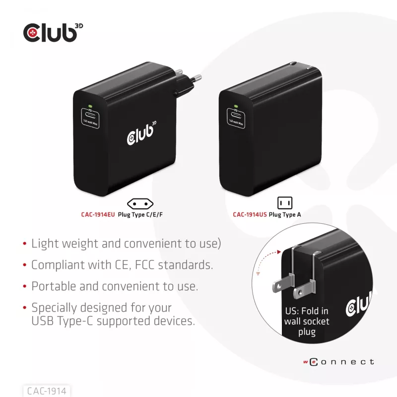 CLUB3D Ceļojumu lādētājs 140 W GaN tehnoloģija, viens USB Type-C ports, Power Delivery (PD) 3.1 atbalsts