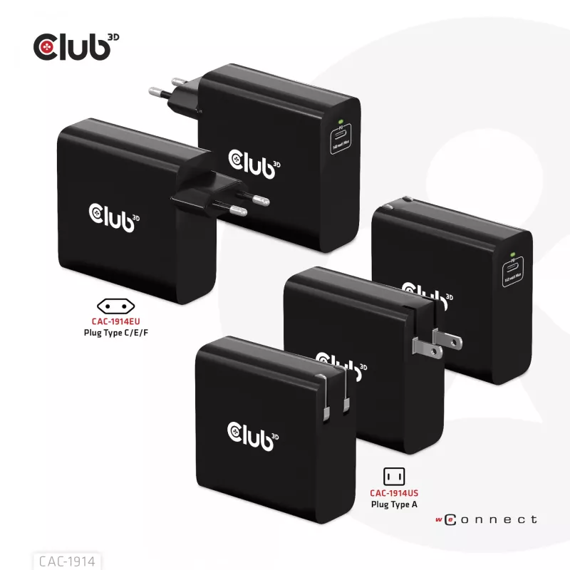 CLUB3D Ceļojumu lādētājs 140 W GaN tehnoloģija, viens USB Type-C ports, Power Delivery (PD) 3.1 atbalsts