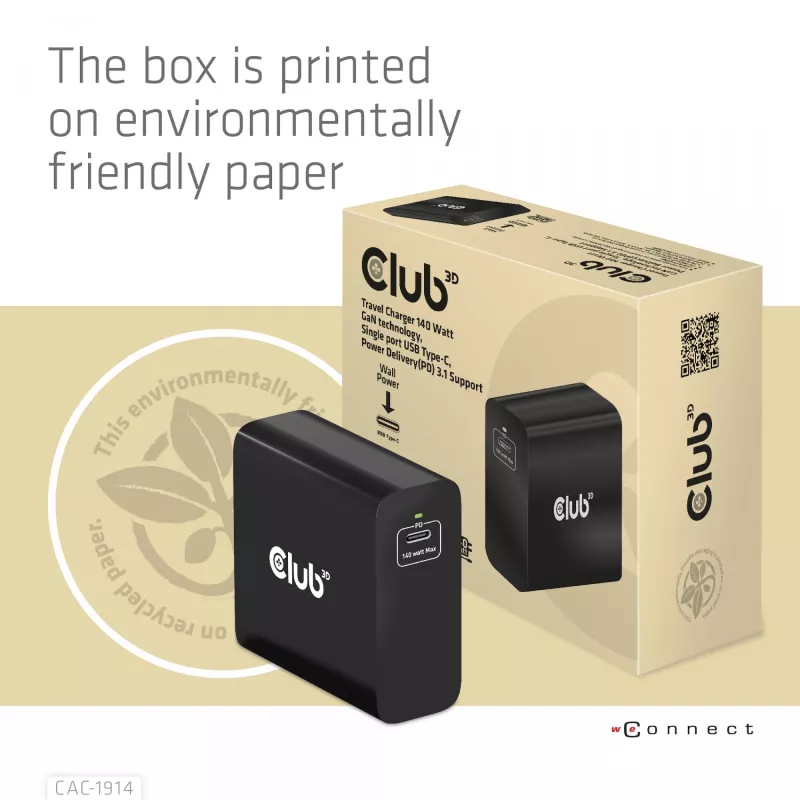 CLUB3D Ceļojumu lādētājs 140 W GaN tehnoloģija, viens USB Type-C ports, Power Delivery (PD) 3.1 atbalsts