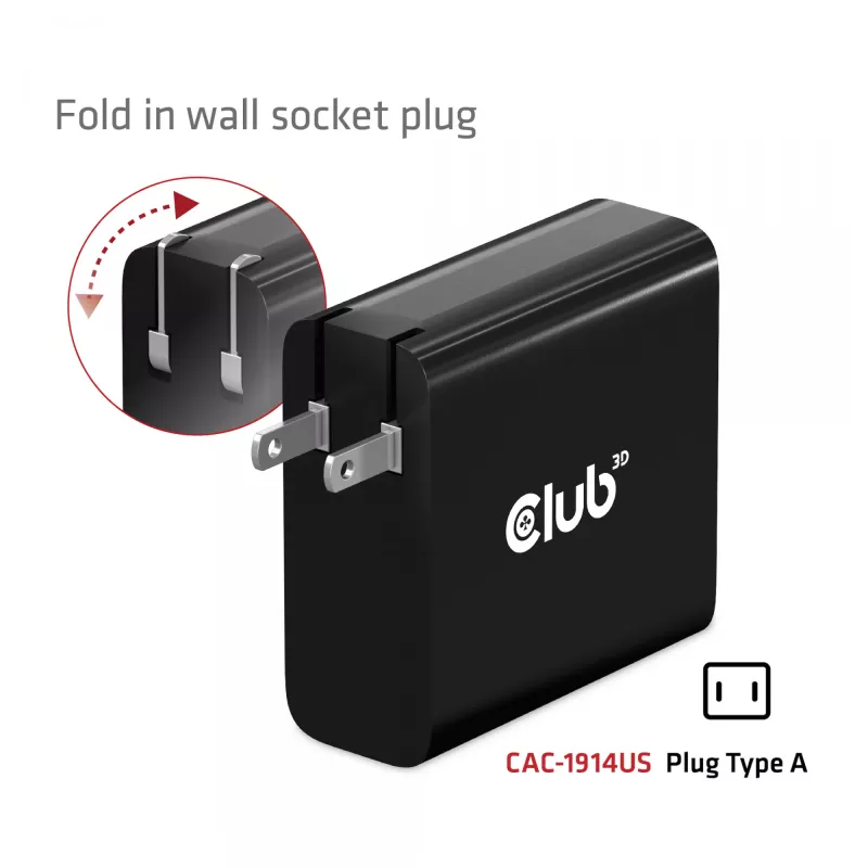 CLUB3D Ceļojumu lādētājs 140 W GaN tehnoloģija, viens USB Type-C ports, Power Delivery (PD) 3.1 atbalsts