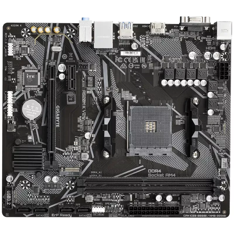 GIGABYTE A520M K V2 mātesplate - atbalsta AMD Ryzen 5000 sērijas AM4 CPU, līdz 5100MHz DDR4 (OC), PCIe Gen3 x4 M.2, GbE LAN, USB 3.2 Gen 1