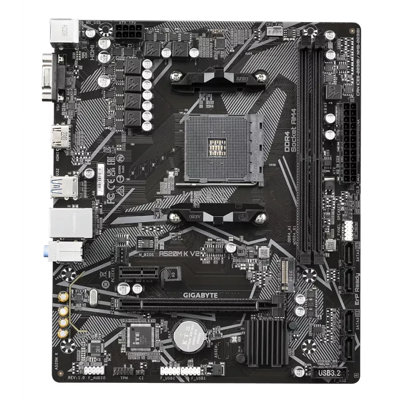 GIGABYTE A520M K V2 mātesplate - atbalsta AMD Ryzen 5000 sērijas AM4 CPU, līdz 5100MHz DDR4 (OC), PCIe Gen3 x4 M.2, GbE LAN, USB 3.2 Gen 1