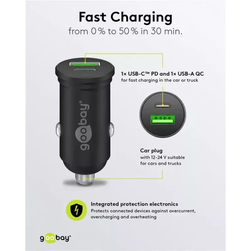 Goobay Dual-USB Auto ātrais lādētājs USB-C PD 45W melns