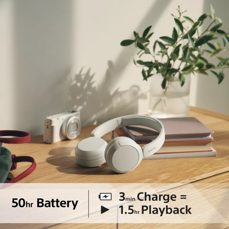 Sony WH-CH520 bezvadu uz ausīm liekamas austiņas ar mikrofonu, Bluetooth 5.2, 50 h atskaņošanas laiks, USB-C uzlāde, baltas
