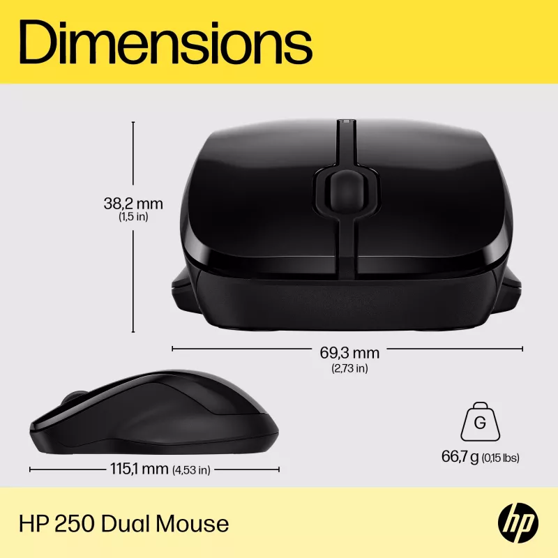 HP 250 Dual Mouse, abpusējs, Bluetooth + USB Type-A, 1600 DPI, melns