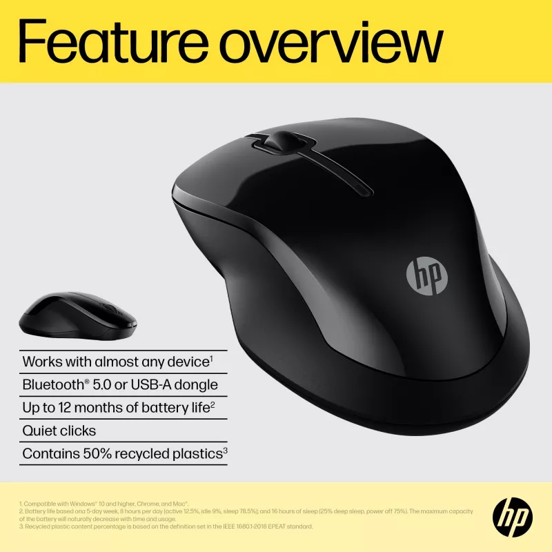 HP 250 Dual Mouse, abpusējs, Bluetooth + USB Type-A, 1600 DPI, melns