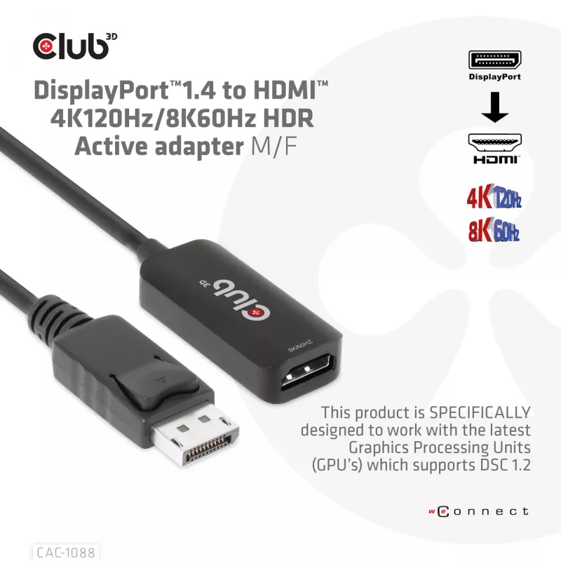 CLUB3D DisplayPort1.4 uz HDMI 4K120Hz/8K60Hz HDR aktīvais adapteris M/F