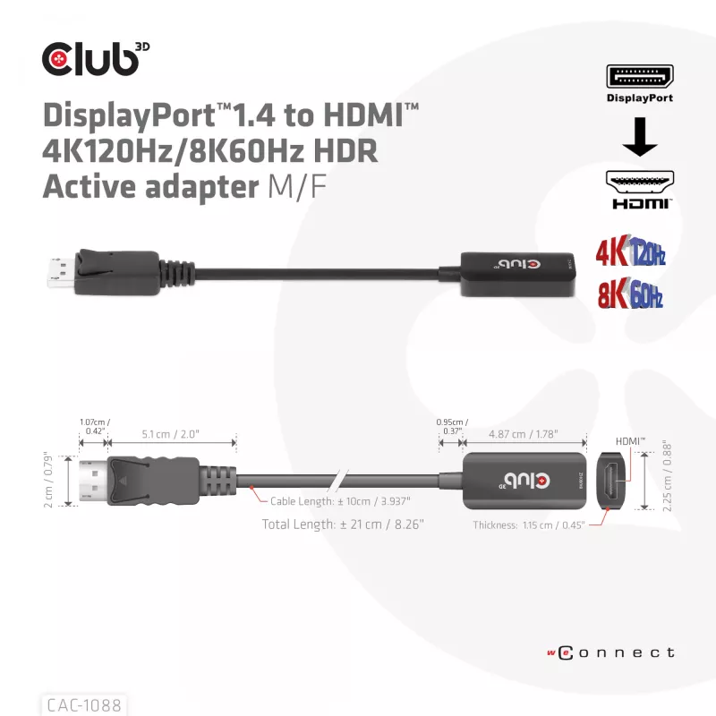 CLUB3D DisplayPort1.4 uz HDMI 4K120Hz/8K60Hz HDR aktīvais adapteris M/F