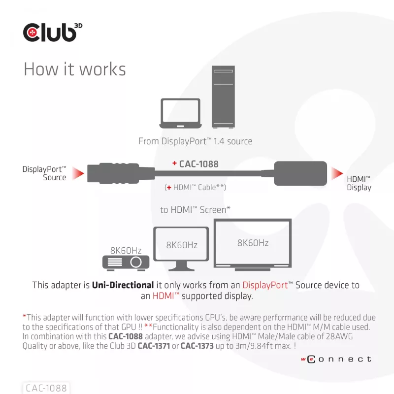 CLUB3D DisplayPort1.4 uz HDMI 4K120Hz/8K60Hz HDR aktīvais adapteris M/F
