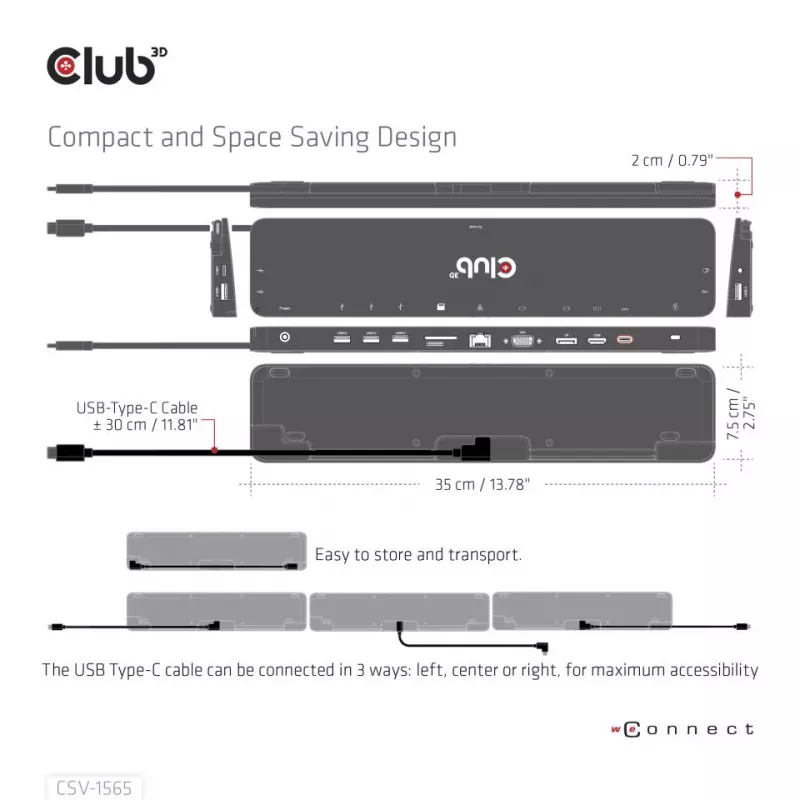 CLUB3D USB Gen1 Type-C Triple Display DP1.4 Alt mode Smart PD3.0 uzlādes dokstacija ar 100 vatu barošanas avotu