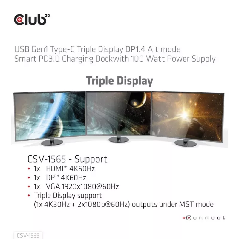CLUB3D USB Gen1 Type-C Triple Display DP1.4 Alt mode Smart PD3.0 uzlādes dokstacija ar 100 vatu barošanas avotu