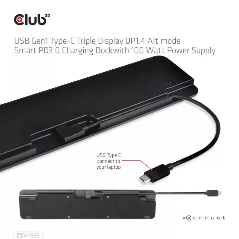 CLUB3D USB Gen1 Type-C Triple Display DP1.4 Alt mode Smart PD3.0 uzlādes dokstacija ar 100 vatu barošanas avotu