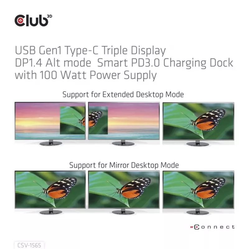 CLUB3D USB Gen1 Type-C Triple Display DP1.4 Alt mode Smart PD3.0 uzlādes dokstacija ar 100 vatu barošanas avotu