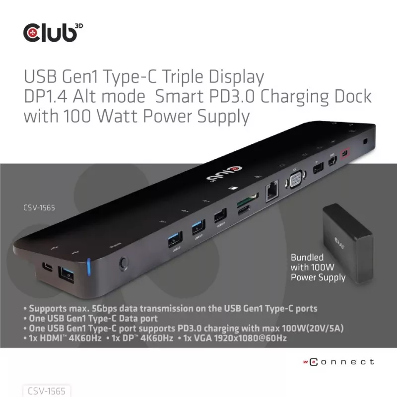 CLUB3D USB Gen1 Type-C Triple Display DP1.4 Alt mode Smart PD3.0 uzlādes dokstacija ar 100 vatu barošanas avotu