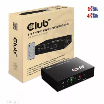 CLUB3D 3 uz 1 HDMI™ 8K60Hz/4K120Hz pārslēdzējs, 7680 x 4320 pikseļi, 8K Ultra HD, melns