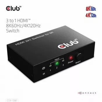 CLUB3D 3 uz 1 HDMI™ 8K60Hz/4K120Hz pārslēdzējs, 7680 x 4320 pikseļi, 8K Ultra HD, melns