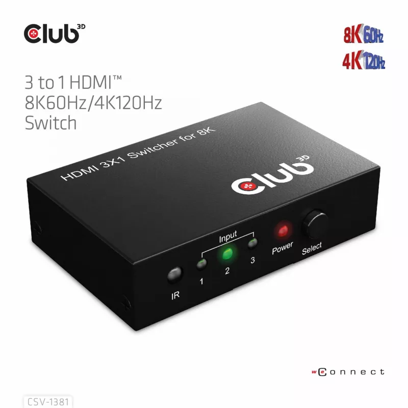 CLUB3D 3 uz 1 HDMI™ 8K60Hz/4K120Hz pārslēdzējs, 7680 x 4320 pikseļi, 8K Ultra HD, melns