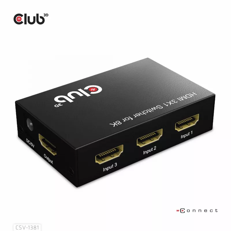 CLUB3D 3 uz 1 HDMI™ 8K60Hz/4K120Hz pārslēdzējs, 7680 x 4320 pikseļi, 8K Ultra HD, melns