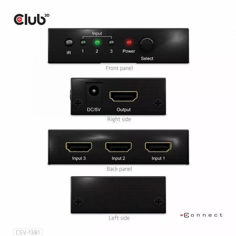 CLUB3D 3 uz 1 HDMI™ 8K60Hz/4K120Hz pārslēdzējs, 7680 x 4320 pikseļi, 8K Ultra HD, melns