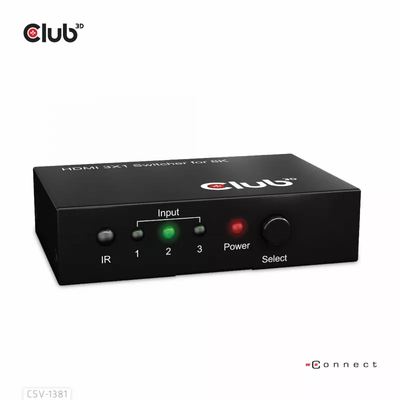 CLUB3D 3 uz 1 HDMI™ 8K60Hz/4K120Hz pārslēdzējs, 7680 x 4320 pikseļi, 8K Ultra HD, melns