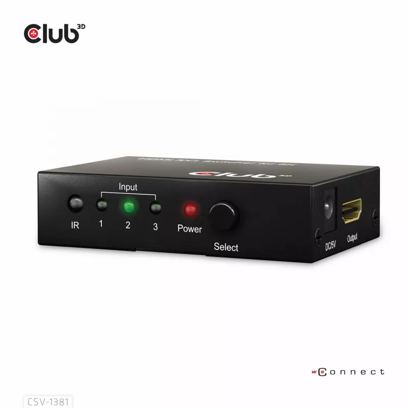 CLUB3D 3 uz 1 HDMI™ 8K60Hz/4K120Hz pārslēdzējs, 7680 x 4320 pikseļi, 8K Ultra HD, melns