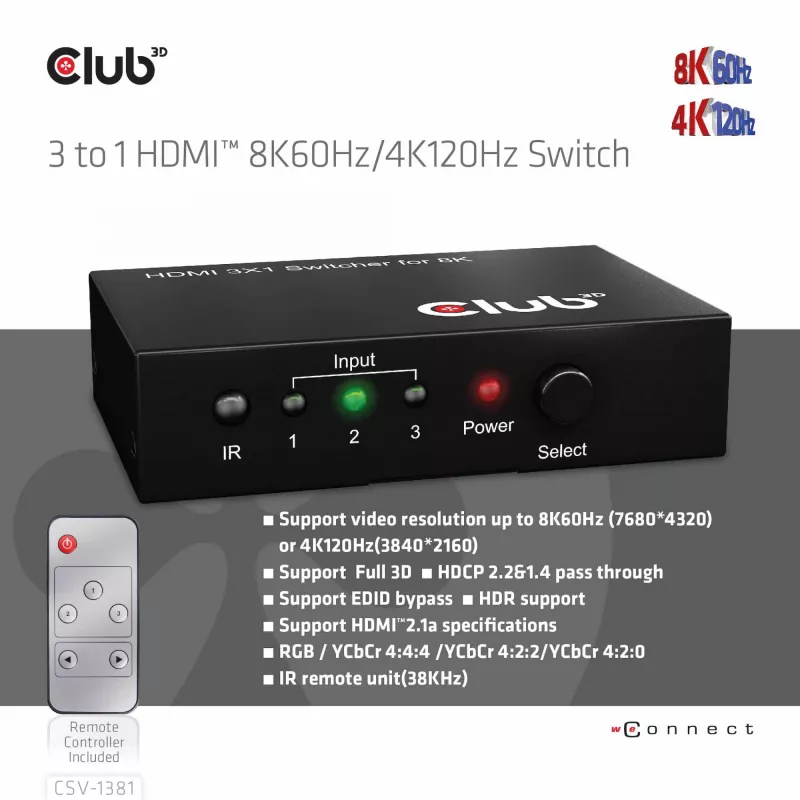 CLUB3D 3 uz 1 HDMI™ 8K60Hz/4K120Hz pārslēdzējs, 7680 x 4320 pikseļi, 8K Ultra HD, melns