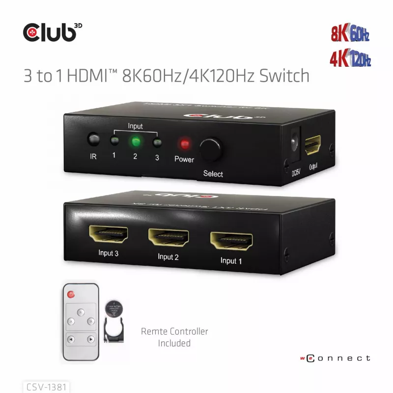 CLUB3D 3 uz 1 HDMI™ 8K60Hz/4K120Hz pārslēdzējs, 7680 x 4320 pikseļi, 8K Ultra HD, melns