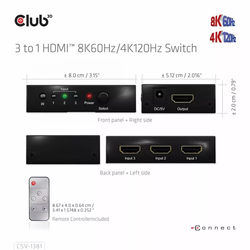 CLUB3D 3 uz 1 HDMI™ 8K60Hz/4K120Hz pārslēdzējs, 7680 x 4320 pikseļi, 8K Ultra HD, melns