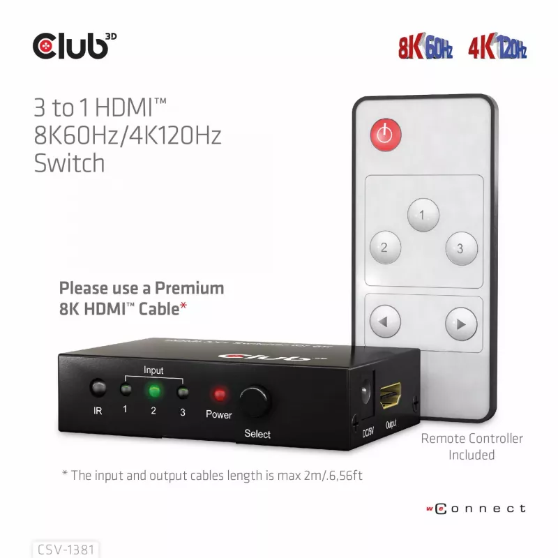 CLUB3D 3 uz 1 HDMI™ 8K60Hz/4K120Hz pārslēdzējs, 7680 x 4320 pikseļi, 8K Ultra HD, melns
