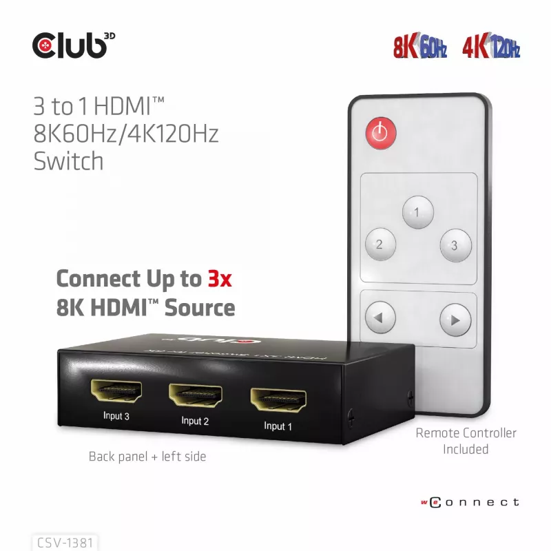 CLUB3D 3 uz 1 HDMI™ 8K60Hz/4K120Hz pārslēdzējs, 7680 x 4320 pikseļi, 8K Ultra HD, melns