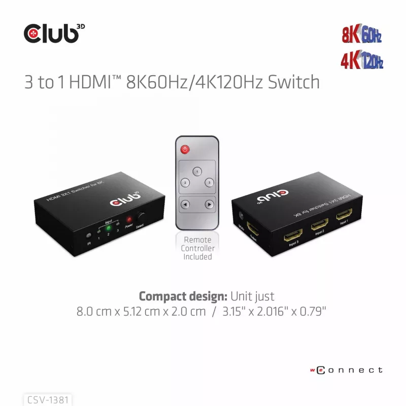 CLUB3D 3 uz 1 HDMI™ 8K60Hz/4K120Hz pārslēdzējs, 7680 x 4320 pikseļi, 8K Ultra HD, melns