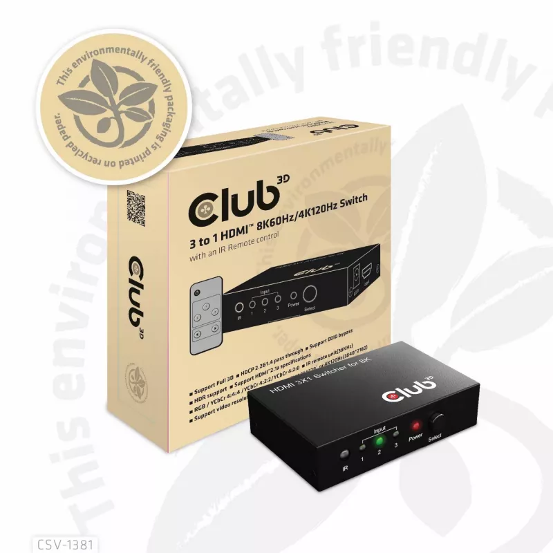 CLUB3D 3 uz 1 HDMI™ 8K60Hz/4K120Hz pārslēdzējs, 7680 x 4320 pikseļi, 8K Ultra HD, melns