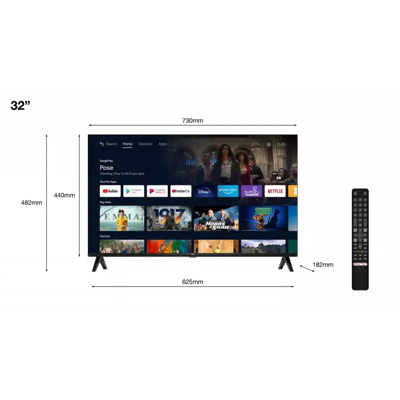 TV TCL 32S5400A 32 collu HD LED (1366x768), Android TV, Direct‑LED, 2×HDMI, HDR10, Bluetooth 5.0