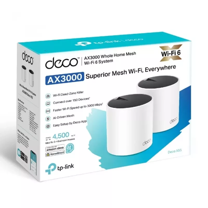 TP-Link DECO X55 (2 komplekts) Divjoslu (2,4 GHz / 5 GHz) Wi-Fi 6 (802.11ax) Balts 3 iekšējās antenas