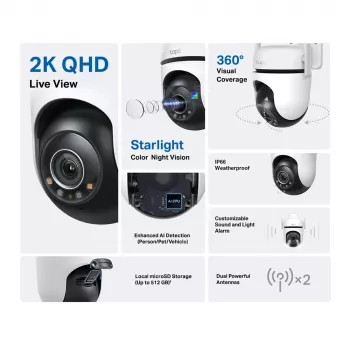 TP-Link Tapo āra pagriežamā/noliecamā drošības Wi-Fi kamera, IP drošības kamera, iekštelpām un āra, bezvadu, CE, FCC, RoHS, RCM, griestu, melna, balta