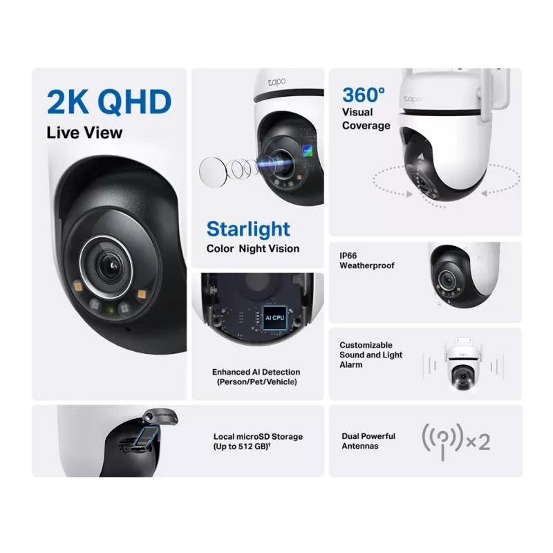 TP-Link Tapo āra pagriežamā/noliecamā drošības Wi-Fi kamera, IP drošības kamera, iekštelpām un āra, bezvadu, CE, FCC, RoHS, RCM, griestu, melna, balta