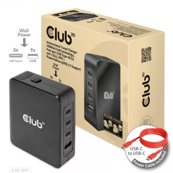 CLUB3D Starptautiskais ceļojumu lādētājs 140W GaN tehnoloģija, Četri porti USB Type-A (1x) un -C (3x), PPS + Power Delivery (PD) 3.1 atbalsts