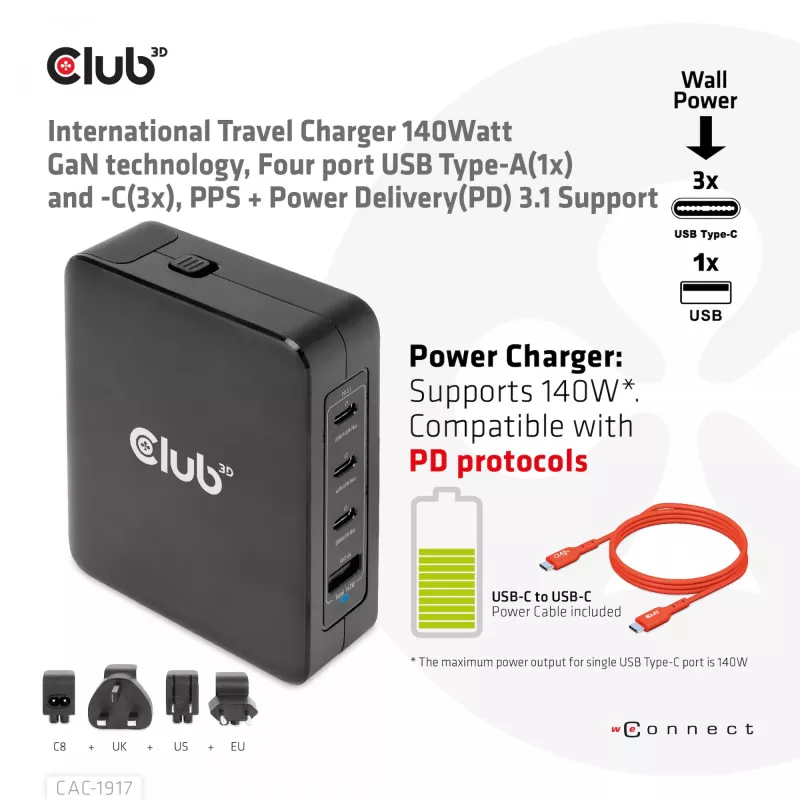 CLUB3D Starptautiskais ceļojumu lādētājs 140W GaN tehnoloģija, Četri porti USB Type-A (1x) un -C (3x), PPS + Power Delivery (PD) 3.1 atbalsts