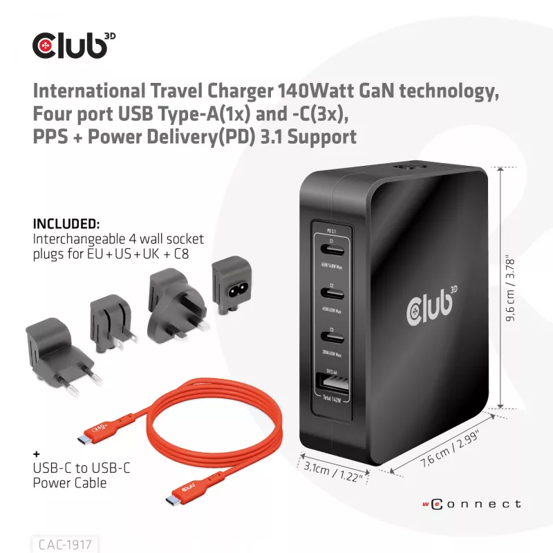 CLUB3D Starptautiskais ceļojumu lādētājs 140W GaN tehnoloģija, Četri porti USB Type-A (1x) un -C (3x), PPS + Power Delivery (PD) 3.1 atbalsts