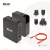 CLUB3D Starptautiskais ceļojumu lādētājs 140W GaN tehnoloģija, Četri porti USB Type-A (1x) un -C (3x), PPS + Power Delivery (PD) 3.1 atbalsts