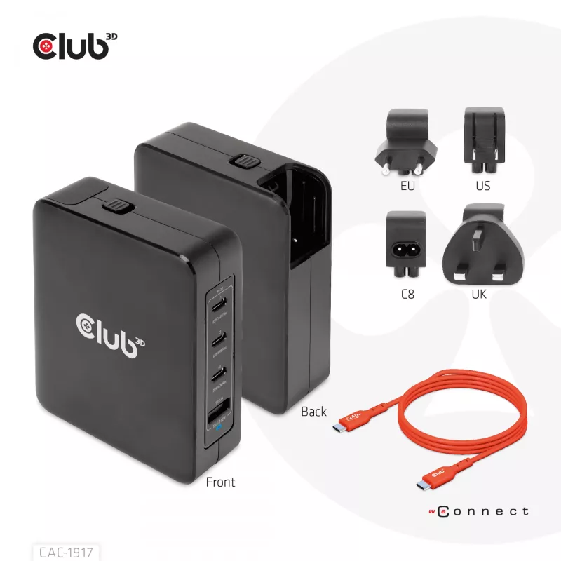 CLUB3D Starptautiskais ceļojumu lādētājs 140W GaN tehnoloģija, Četri porti USB Type-A (1x) un -C (3x), PPS + Power Delivery (PD) 3.1 atbalsts