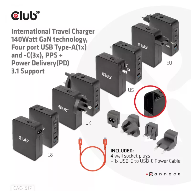 CLUB3D Starptautiskais ceļojumu lādētājs 140W GaN tehnoloģija, Četri porti USB Type-A (1x) un -C (3x), PPS + Power Delivery (PD) 3.1 atbalsts