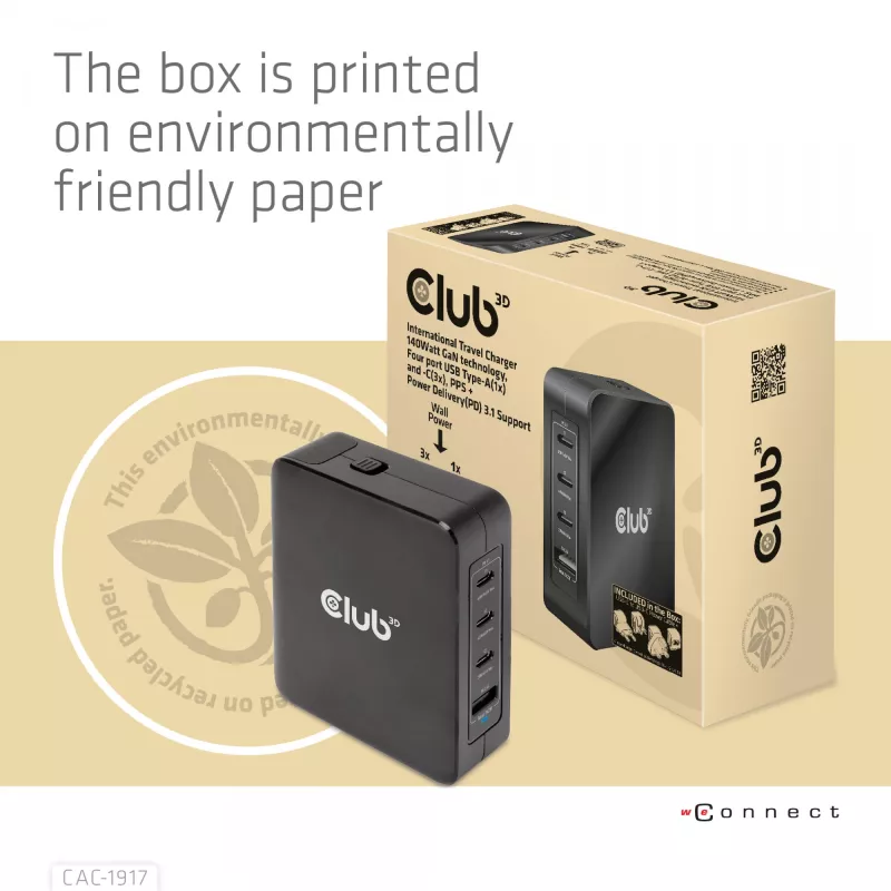 CLUB3D Starptautiskais ceļojumu lādētājs 140W GaN tehnoloģija, Četri porti USB Type-A (1x) un -C (3x), PPS + Power Delivery (PD) 3.1 atbalsts
