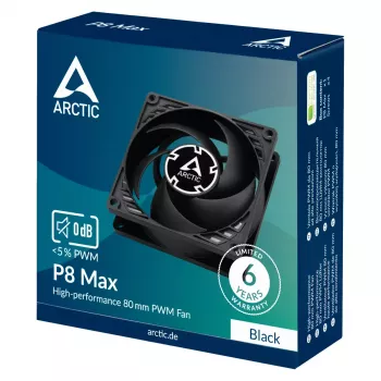 80 mm ventilators Arctic P8 Max High-Performance PWM, 80 mm diametrs, melns, 67,96 m³/h gaisa plūsma, 0,6 sone