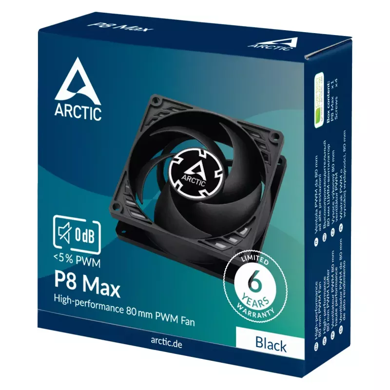 80 mm ventilators Arctic P8 Max High-Performance PWM, 80 mm diametrs, melns, 67,96 m³/h gaisa plūsma, 0,6 sone
