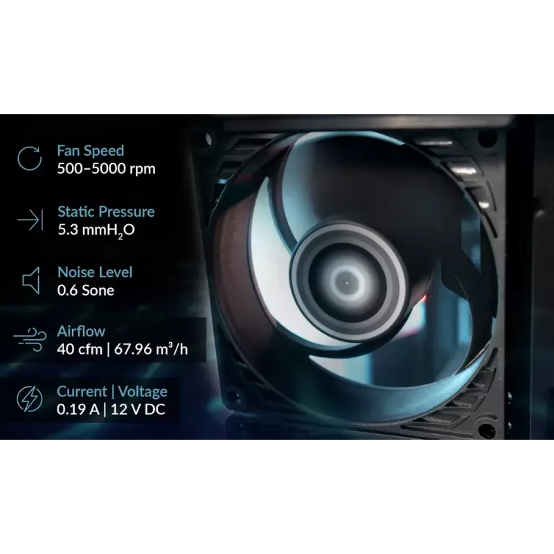 80 mm ventilators Arctic P8 Max High-Performance PWM, 80 mm diametrs, melns, 67,96 m³/h gaisa plūsma, 0,6 sone