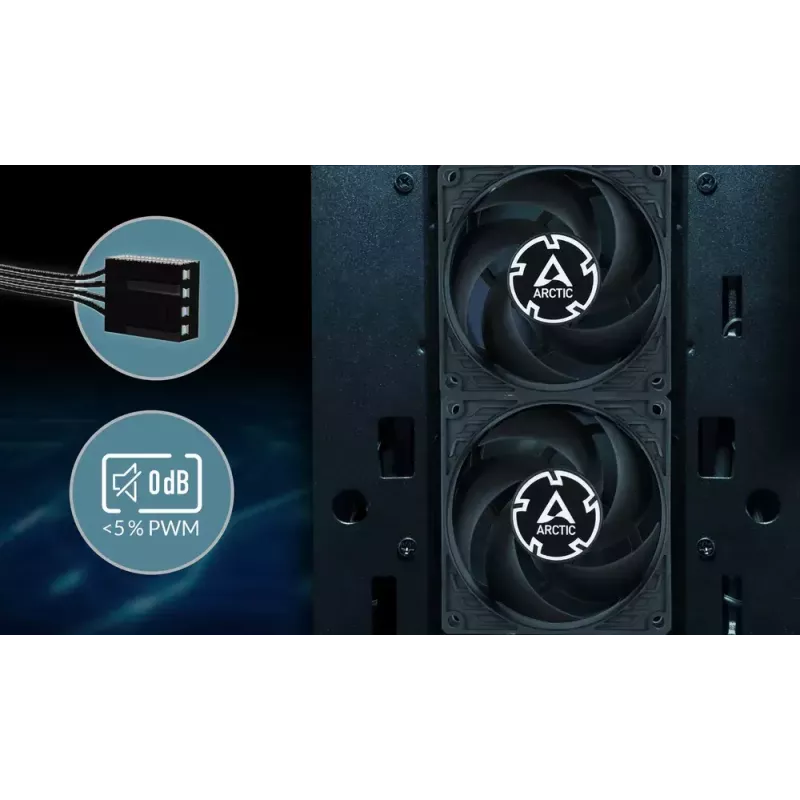 80 mm ventilators Arctic P8 Max High-Performance PWM, 80 mm diametrs, melns, 67,96 m³/h gaisa plūsma, 0,6 sone
