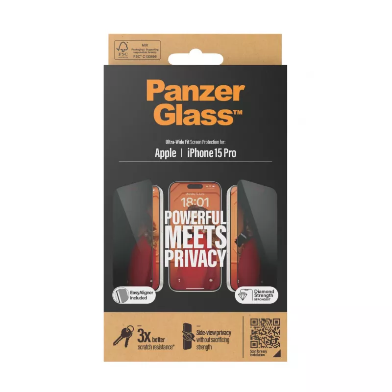 PanzerGlass® Privātuma ekrāna aizsargs iPhone 15 Pro | Ultra-Wide Fit ar EasyAligner